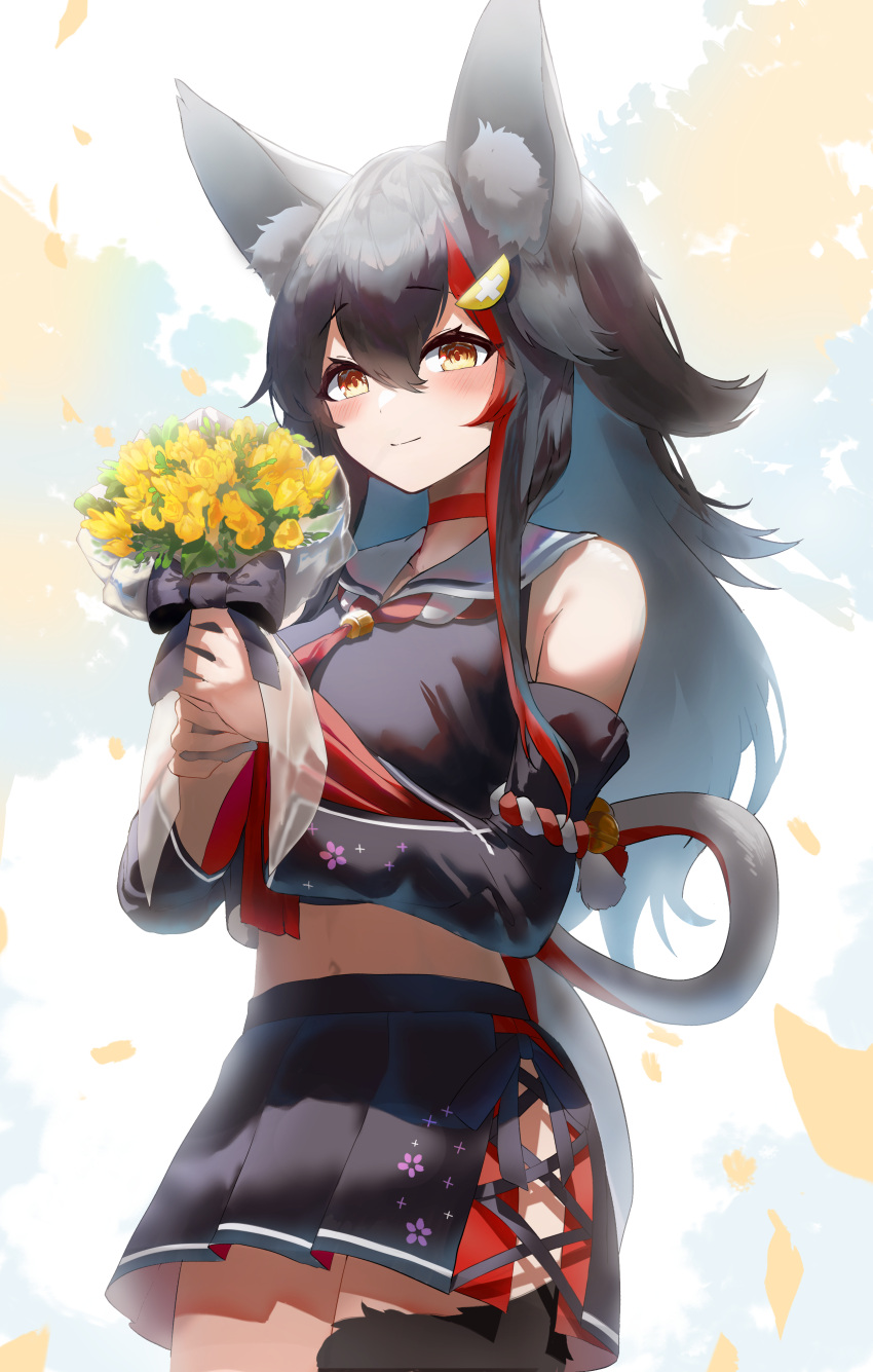 1girl absurdres animal_ear_fluff animal_ears bangs bare_shoulders black_hair black_shirt black_skirt blush bouquet brown_hair choker closed_mouth commentary_request crop_top detached_sleeves eyebrows_visible_through_hair flower hair_between_eyes hair_ornament highres holding holding_bouquet hololive kabedoru long_hair long_sleeves midriff multicolored_hair neckerchief ookami_mio pleated_skirt red_choker red_neckwear redhead sailor_collar shirt skirt smile solo streaked_hair tail tail_around_leg tail_wrap virtual_youtuber white_sailor_collar wolf_ears wolf_girl wolf_tail yellow_flower