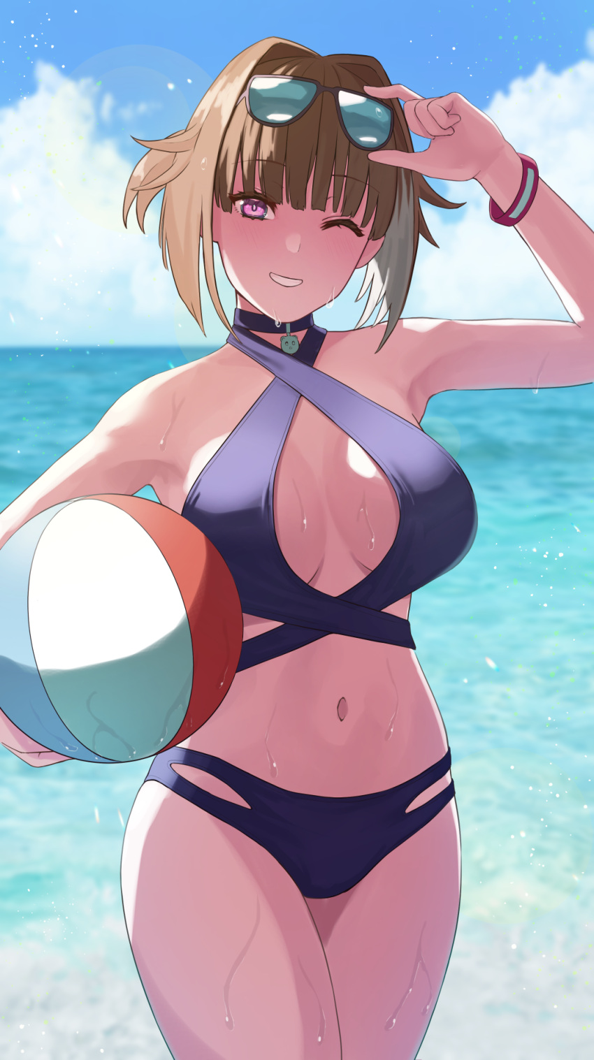 1girl ball beachball bikini blue_bikini breasts brown_hair cowboy_shot eyewear_on_head girls_frontline grizzly_mkv_(girls_frontline) halter_top halterneck highres holding holding_ball holding_beachball krs_(karasu) large_breasts navel one_eye_closed short_hair smile solo sunglasses swimsuit violet_eyes wet