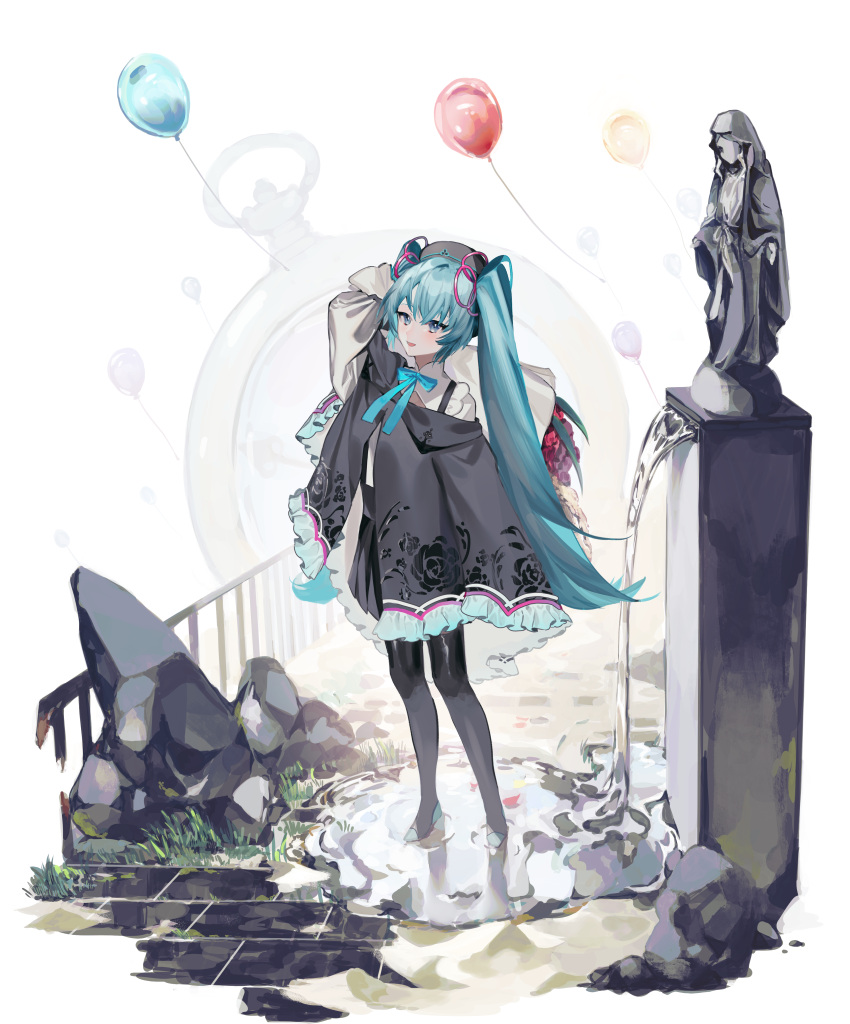 1girl :d absurdres allways_kyomu aqua_hair arm_up balloon bangs black_footwear black_headwear black_skirt blue_eyes blue_neckwear blue_ribbon boots bouquet check_commentary commentary_request eyebrows_visible_through_hair floral_print flower frills full_body hair_ribbon hatsune_miku highres holding holding_bouquet long_hair miniskirt neck_ribbon open_mouth pink_ribbon pleated_skirt pocket_watch puddle railing ribbon rock rose_print skirt smile solo standing statue thigh-highs thigh_boots twintails very_long_hair vocaloid watch water white_background