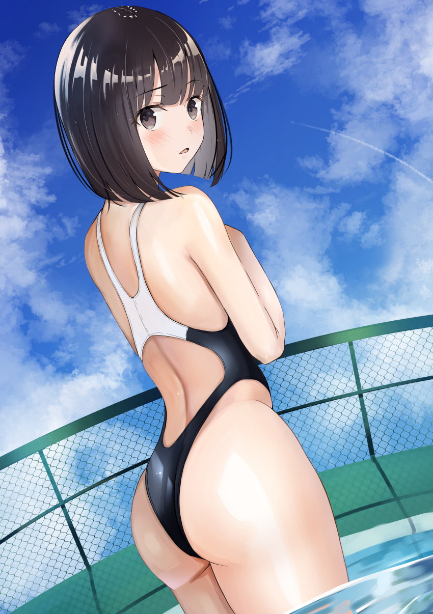 1girl absurdres ass back back_cutout bangs black_hair blue_sky blunt_bangs blush bob_cut chain-link_fence clothing_cutout clouds competition_swimsuit cowboy_shot d: day dutch_angle eyebrows_visible_through_hair fence fisheye from_behind hands_up highleg highleg_swimsuit highres huge_filesize looking_at_viewer looking_back one-piece_swimsuit open_mouth original outdoors pool sakura_yuu_(hzjy8485) shiny shiny_skin short_hair sky standing swimsuit wading water