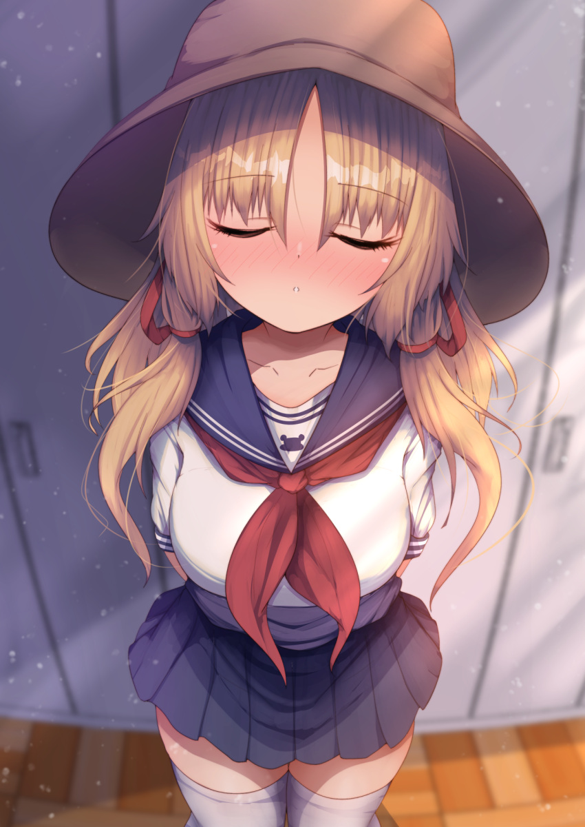 1girl alternate_costume arms_behind_back bangs black_skirt blonde_hair blush breasts brown_headwear closed_mouth commentary_request cowboy_shot darumoon hair_ribbon hat highres locker long_hair looking_at_viewer medium_breasts moriya_suwako neckerchief pleated_skirt red_neckwear red_ribbon ribbon sailor_collar sailor_shirt school_uniform serafuku shirt short_sleeves skindentation skirt smile solo thigh-highs touhou tress_ribbon white_legwear white_shirt yellow_eyes