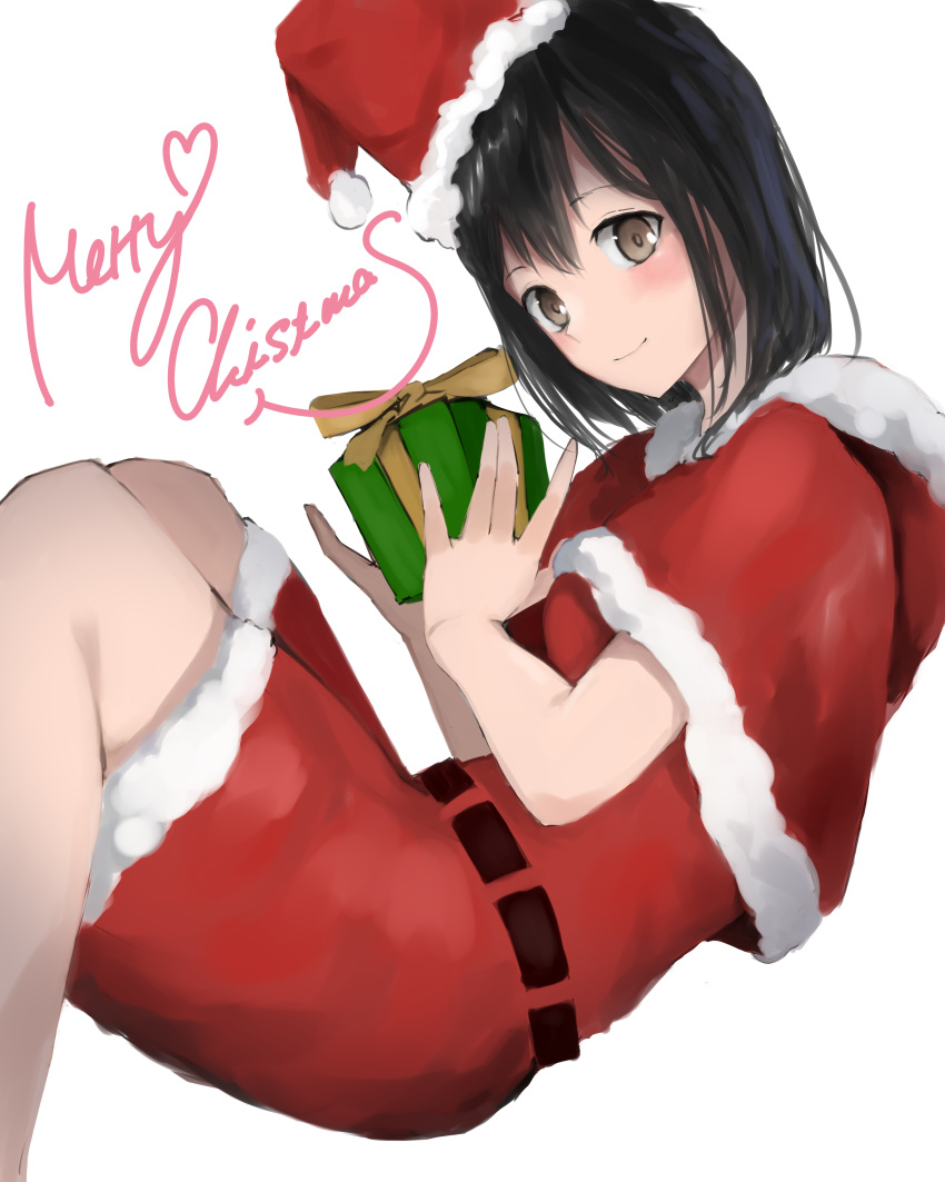 73suke absurdres black_hair brown_eyes christmas gift haguro_(kancolle) hat highres kantai_collection looking_at_viewer medium_hair santa_costume santa_hat smile white_background