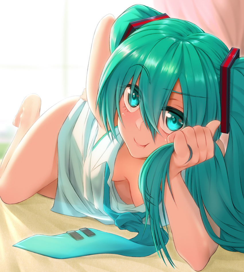 1girl :t aqua_eyes aqua_hair backlighting bangs bare_legs barefoot blue_neckwear breasts closed_mouth commentary_request downblouse eyebrows_visible_through_hair hand_on_hip hatsune_miku highres holding holding_hair long_hair looking_at_viewer lying necktie no_bra on_side shirt small_breasts smile solo twintails very_long_hair vocaloid white_shirt yamauchi_(conan-comy)