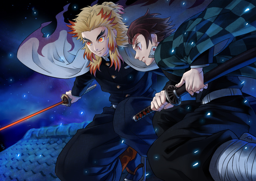 2boys black_jacket black_pants blonde_hair blue_legwear brown_hair cape checkered closed_mouth earrings frown hanafuda haori holding holding_sheath holding_sword holding_weapon jacket japanese_clothes jewelry kamado_tanjirou katana kimetsu_no_yaiba long_hair long_sleeves male_focus multicolored_hair multiple_boys orange_eyes pants red_eyes redhead remsor076 rengoku_kyoujurou rooftop sheath short_hair smile sword tabi two-tone_hair uniform unsheathing weapon white_cape