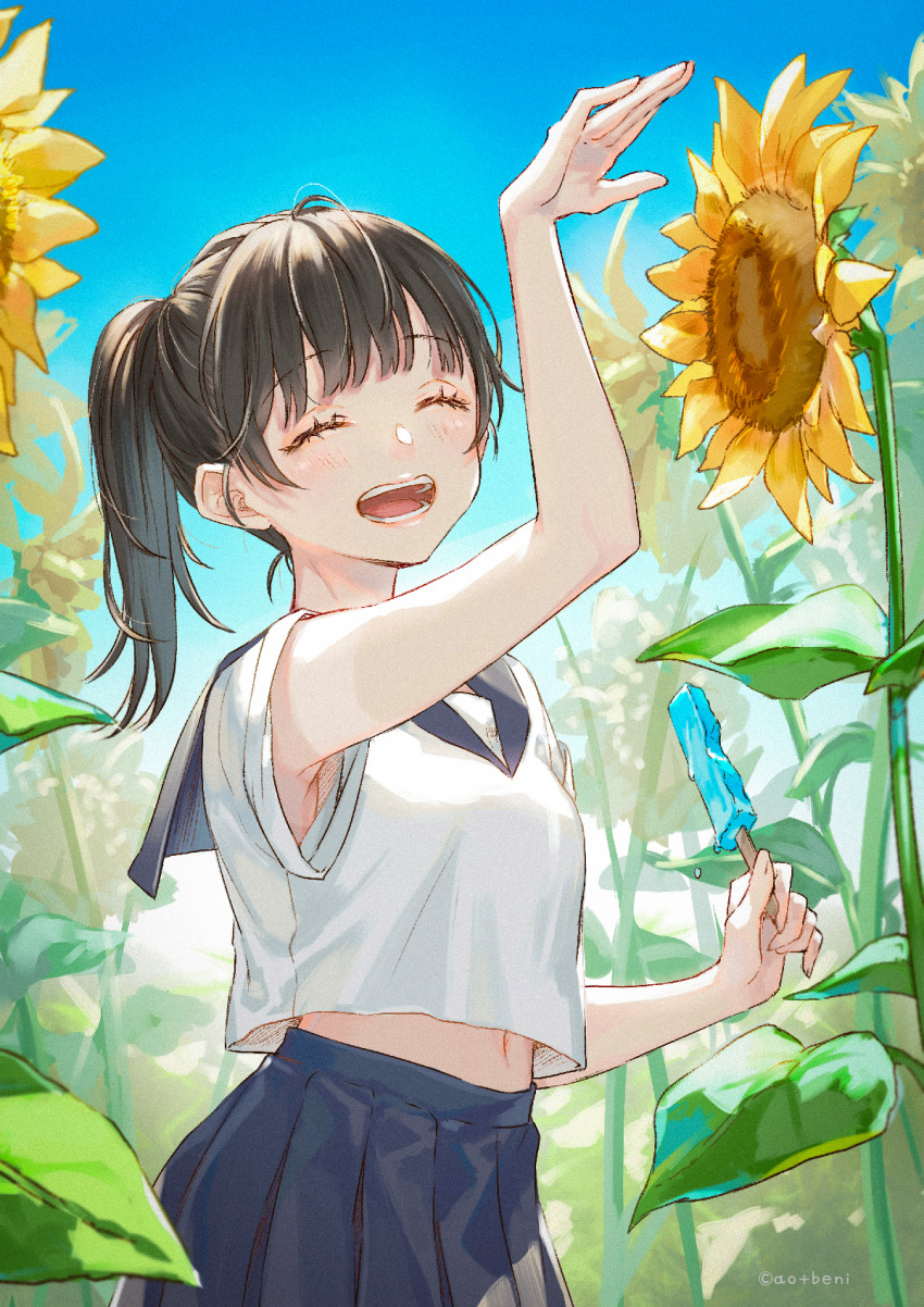 1girl ao+beni arm_up artist_name bangs belly blue_skirt blue_sky blush brown_hair candy closed_eyes commentary_request flower food happy highres holding holding_candy holding_food ice_cream leaf medium_hair navel open_mouth original ponytail shirt skirt sky smile solo standing sunflower white_shirt yellow_flower