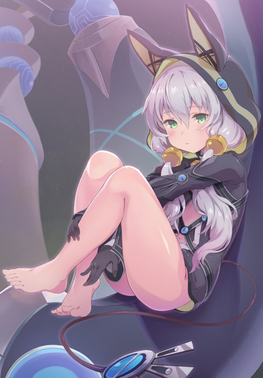 1girl altina_orion animal_hood argyle_cutout arms_between_legs bare_legs barefoot beads black_gloves black_jumpsuit blush bottomless clothing_cutout commentary_request eiyuu_densetsu expressionless feet full_body gloves green_eyes hair_beads hair_between_eyes hair_ornament highres hood long_hair long_sleeves looking_at_viewer low_twintails mechanical_tail misashi_(raichi821) navel sen_no_kiseki sen_no_kiseki_ii short_jumpsuit silver_hair sitting solo tail thighs toes twintails