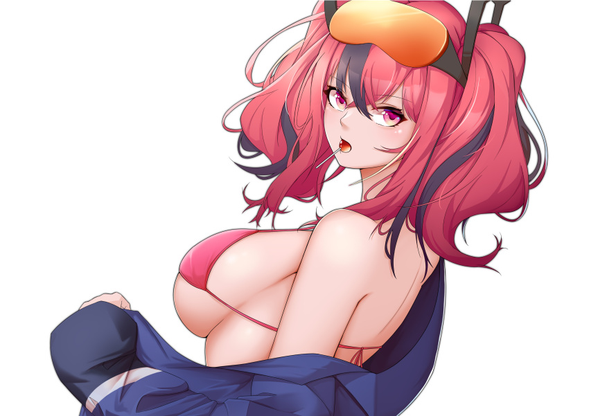 1girl absurdres azur_lane bangs bare_shoulders bikini black_hair blue_jacket breasts bremerton_(azur_lane) candy chupa_chups crossed_bangs eyebrows_visible_through_hair eyewear_on_head food food_in_mouth from_side hair_between_eyes hair_ornament highres huui_(a72392239) jacket large_breasts lollipop long_hair long_sleeves looking_at_viewer multicolored_hair no_mole off_shoulder pink_bikini pink_eyes pink_hair red-tinted_eyewear sideboob sidelocks simple_background solo standing streaked_hair sunglasses swimsuit tinted_eyewear twintails two-tone_hair under_boob undressing upper_body white_background