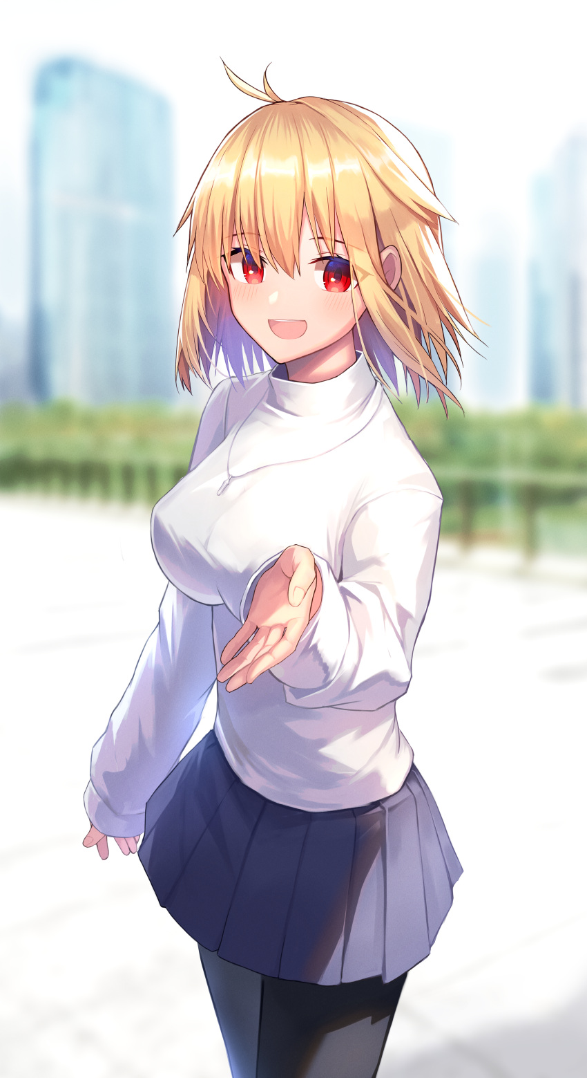 1girl :d absurdres antenna_hair arcueid_brunestud bangs black_legwear blonde_hair blue_skirt blurry blush cowboy_shot day depth_of_field hair_between_eyes hand_up highres huge_filesize jewelry ji-logg looking_at_viewer miniskirt necklace open_hand open_mouth outdoors pantyhose pleated_skirt reaching_out red_eyes short_hair skirt sleeves_past_wrists smile solo standing sweater taut_clothes taut_sweater tsukihime tsukihime_(remake) turtleneck turtleneck_sweater white_sweater