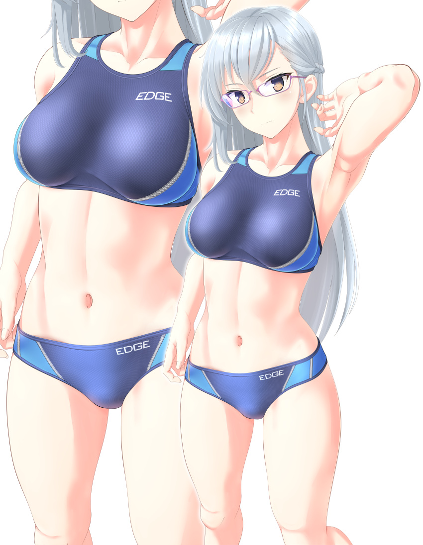 1girl abs absurdres bikini blue_bikini breasts brown_eyes clothes_writing competition_swimsuit covered_navel cowboy_shot glasses highres kitora_mirja long_hair medium_breasts multicolored multicolored_clothes multiple_views one-piece_swimsuit silver_hair simple_background sports_bikini standing swimsuit takafumi toji_no_miko white_background zoom_layer