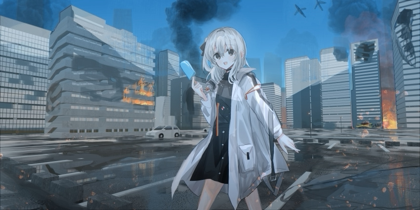 1girl :d absurdres aircraft airplane bangs black_skirt blue_sky building car character_name chihuri commentary damaged day english_commentary eyebrows_visible_through_hair fire food grey_eyes grey_hair grey_shirt ground_vehicle hair_between_eyes highres holding holding_food ice_cream jacket long_hair long_sleeves motor_vehicle one_side_up open_clothes open_jacket open_mouth outdoors reflection road ruins shirt skirt sky smile smoke solo standing street vocaloid water white_jacket