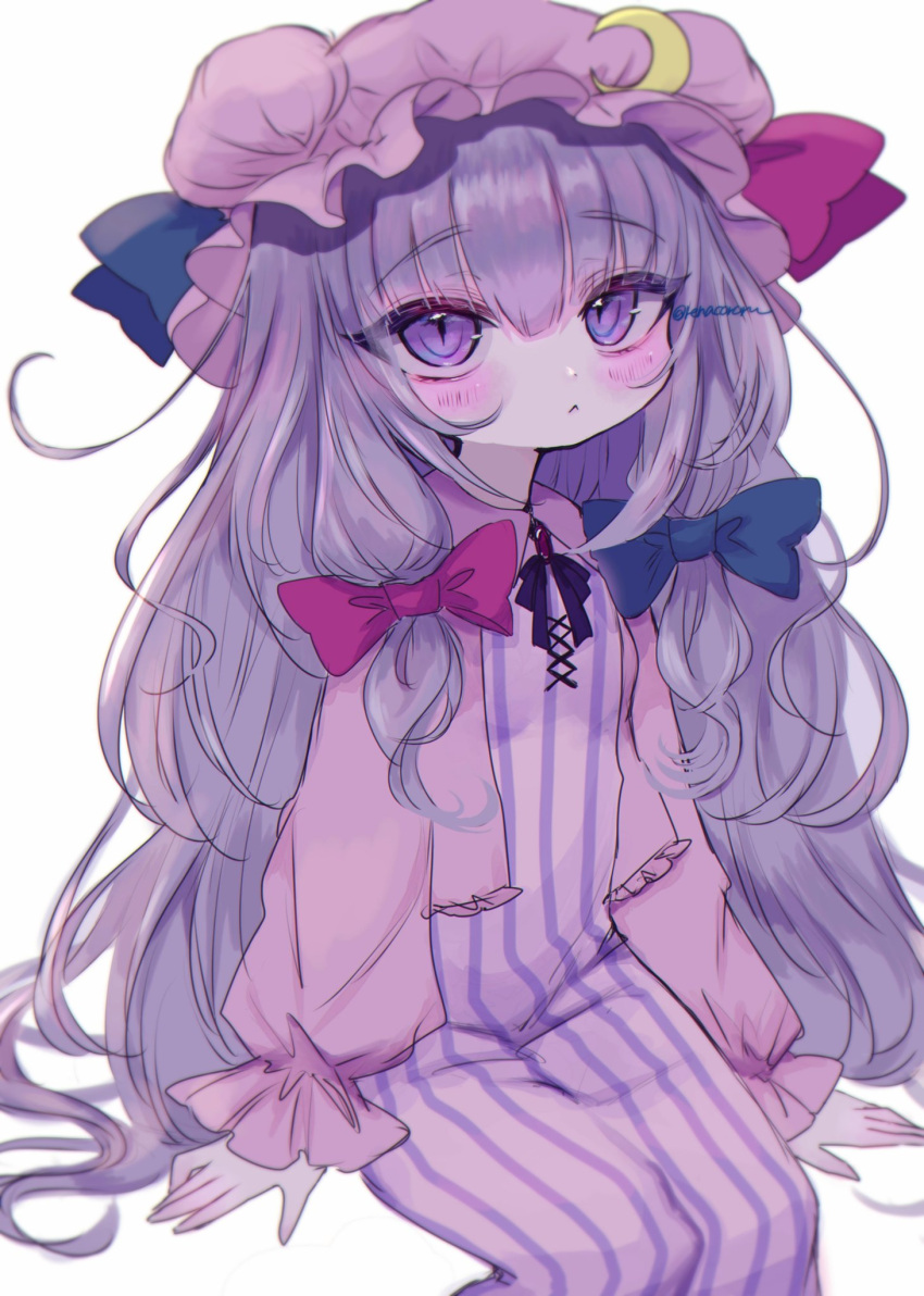 1girl :&lt; bangs blue_bow bow closed_mouth crescent crescent_pin dress eyebrows_visible_through_hair hair_bow hat highres long_hair long_sleeves looking_at_viewer mob_cap multiple_bows patchouli_knowledge pink_headwear purple_dress purple_hair red_bow renakobonb sidelocks simple_background sitting slit_pupils solo striped striped_dress touhou white_background