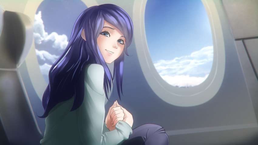 1girl aircraft airplane airplane_interior artist_request bangs blue_eyes blue_sky blush clouds cloudy_sky dark_blue_hair day everlasting_summer from_side game_cg grey_shirt highres lips long_hair long_sleeves looking_to_the_side parted_lips samantha_reed_smith shirt sitting sky smile solo upper_body window