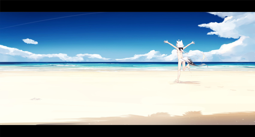 1girl animal_ears arms_up beach bikini black_bow bow clouds cloudy_sky commentary_request day fox_ears fox_girl fox_tail hair_bow highres hololive letterboxed long_hair nagishiro_mito ocean outdoors outstretched_arms pentagram running shirakami_fubuki sky solo swimsuit tail very_long_hair virtual_youtuber white_bikini white_hair