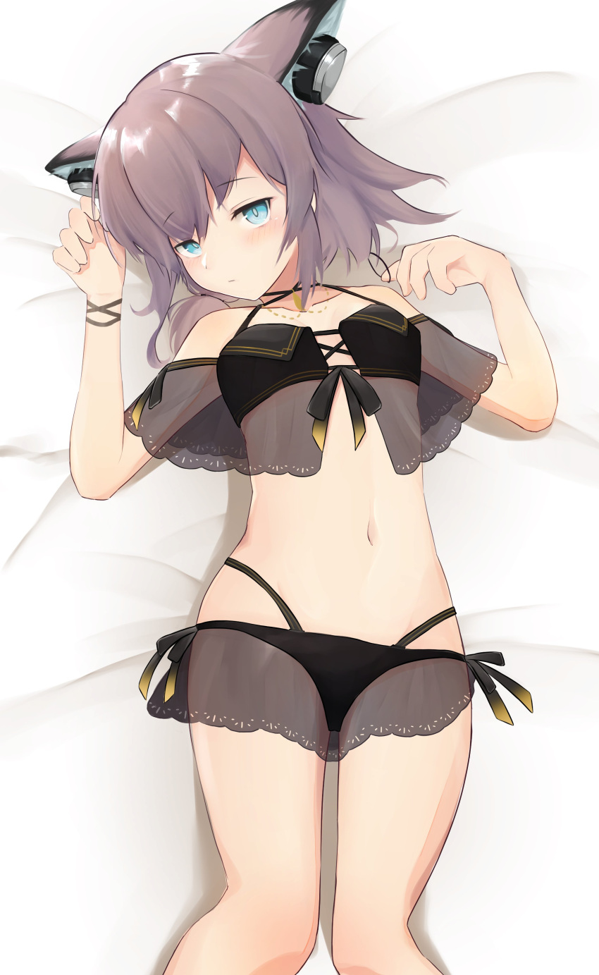1girl absurdres animal_ears aoi_mochio arknights bangs bed_sheet bikini black_bikini blue_eyes collarbone earphones eyebrows_visible_through_hair flat_chest fox_ears fox_girl highres looking_at_viewer lying navel off-shoulder_bikini off_shoulder official_alternate_costume on_back purple_hair short_hair short_twintails solo sussurro_(arknights) sussurro_(summer_flowers)_(arknights) swimsuit twintails