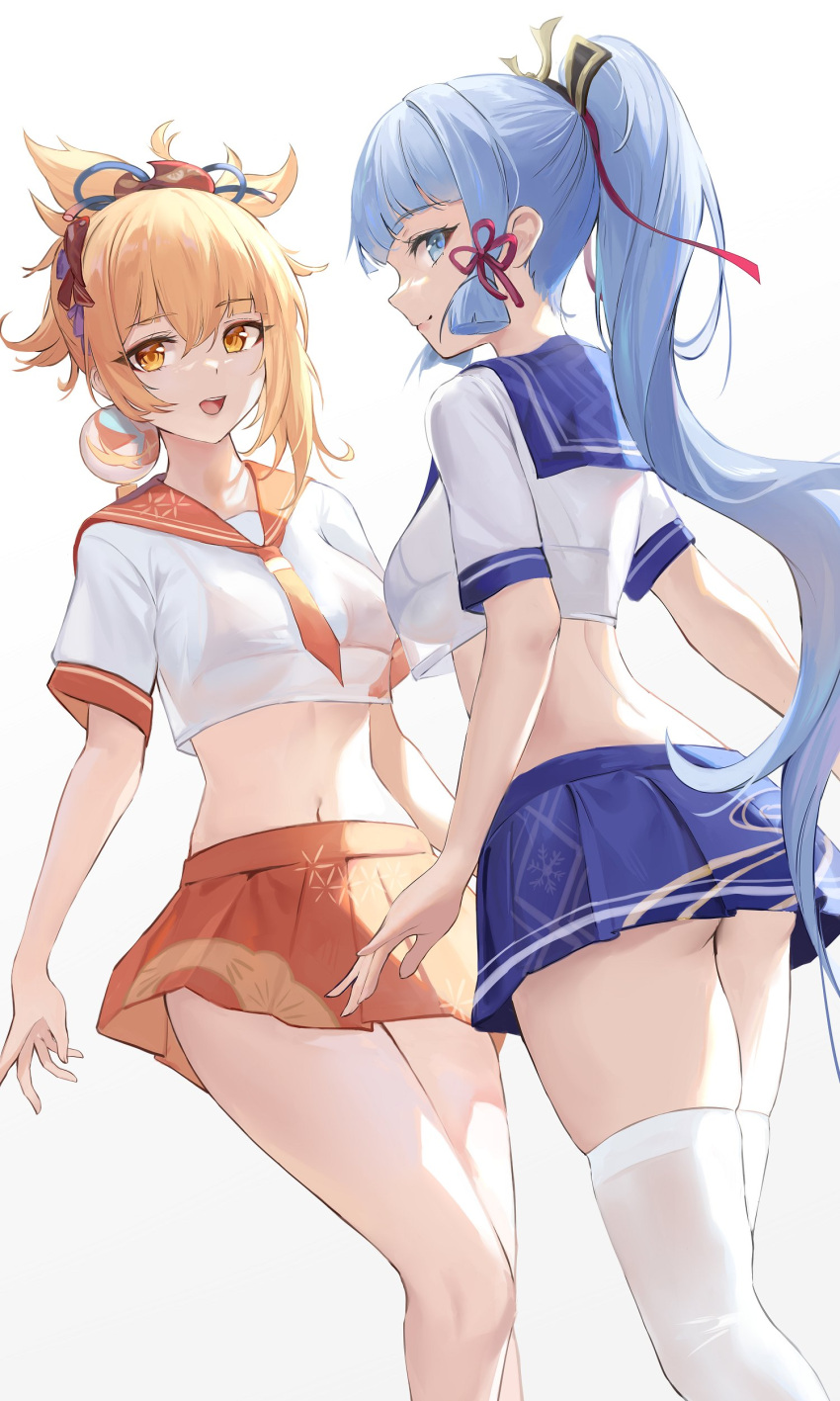 2girls absurdres alternate_costume bikini bikini_under_clothes blonde_hair blue_bikini blue_eyes blue_hair blue_skirt breasts crop_top crop_top_overhang genshin_impact hair_ornament hair_ribbon highres kamisato_ayaka long_hair looking_at_viewer medium_breasts midriff miniskirt multiple_girls navel neckerchief open_mouth orange_bikini orange_eyes orange_skirt pdxen pleated_skirt ponytail profile ribbon sailor_collar school_uniform see-through serafuku shirt short_sleeves sidelocks simple_background skirt smile standing stomach string_bikini swimsuit thigh-highs thighs tress_ribbon very_long_hair white_background white_legwear white_shirt yoimiya_(genshin_impact) zettai_ryouiki