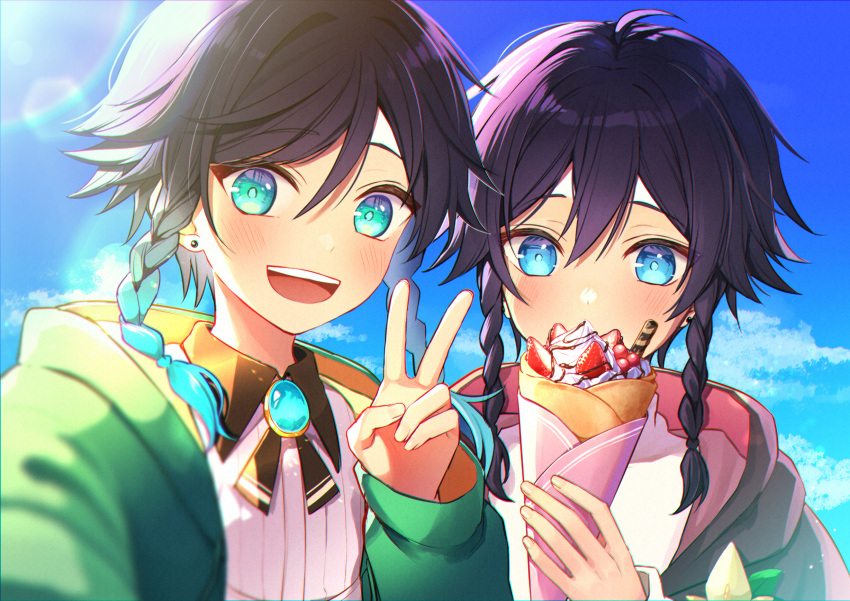 2boys aqua_eyes aqua_hair blue_eyes blue_sky blush braid chiroron crepe day food genshin_impact highres long_sleeves looking_at_viewer multicolored_hair multiple_boys open_mouth otoko_no_ko sky sunlight twin_braids two-tone_hair upper_teeth v venti_(genshin_impact)