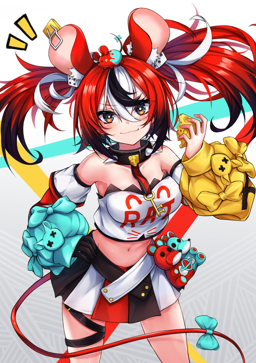 1girl animal_ears cheese collar dice_hair_ornament food hair_ornament hakos_baelz highres hololive hololive_english key_necklace mouse mouse_ears mouse_girl mouse_tail mr._squeaks_(hakos_baelz) n15e rat solo spiked_collar spikes tail virtual_youtuber
