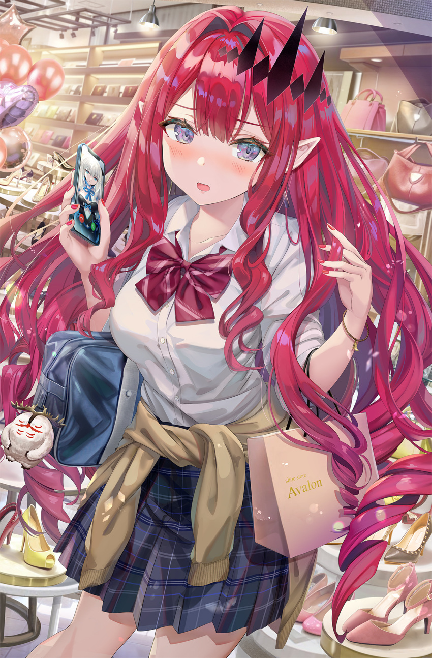 1girl bag balloon bangs blue_skirt bow bowtie breasts cellphone cellphone_picture cernunnos_(fate) character_doll clothes_around_waist collared_shirt commentary_request contemporary cowboy_shot dress_shirt drill_hair dutch_angle earrings eyebrows_visible_through_hair fairy_knight_tristan_(fate) fate/grand_order fate_(series) grey_eyes hair_between_eyes hands_up hanging_light high_heels highres holding holding_phone indoors jewelry long_hair long_sleeves looking_at_viewer medium_breasts morgan_le_fay_(fate) nail_polish open_mouth phone pink_hair plaid plaid_skirt playing_with_own_hair pleated_skirt pointy_ears red_bow red_nails red_neckwear revision shirt shoes shoes_removed shop shopping_bag short_sleeves sidelocks skirt smartphone solo standing sweater sweater_around_waist thighs tiara torino_akua very_long_hair white_shirt yellow_sweater