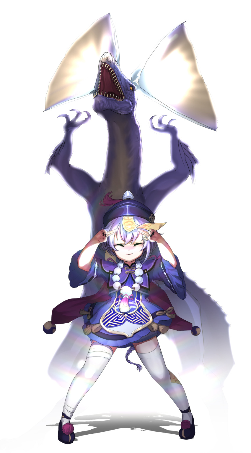 1girl absurdres bandaged_leg bandages bangs bead_necklace beads braid cape character_request closed_eyes closed_mouth coin_hair_ornament commentary_request crossover dragon eyebrows_visible_through_hair finger_to_head fingers_to_head full_body genshin_impact hair_between_eyes hat highres jewelry jiangshi long_hair long_sleeves low_ponytail monster_hunter_(series) necklace ofuda orb parody purple_hair qing_guanmao qiqi_(genshin_impact) shoes sidelocks simple_background single_braid spread_legs standing stpen thigh-highs white_background white_legwear yin_yang yin_yang_orb zettai_ryouiki
