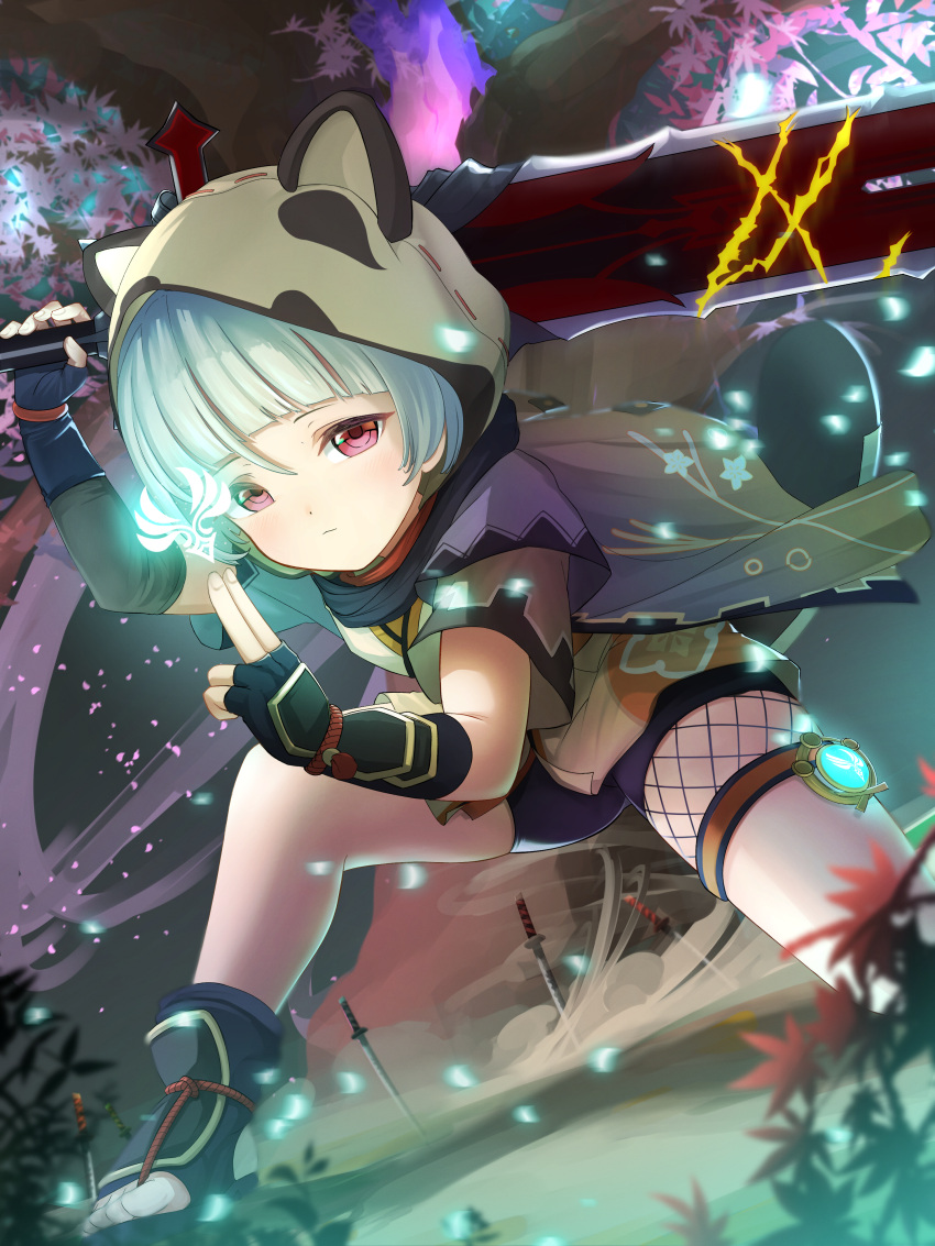 1girl absurdres animal_ears animal_hood arm_guards bangs bent_over black_gloves black_scarf blunt_bangs blurry cherry_blossoms commentary_request depth_of_field eyebrows_visible_through_hair fake_animal_ears fighting_stance fingerless_gloves fishnets genshin_impact gloves hair_between_eyes highres holding holding_sword holding_weapon hood huge_filesize japanese_clothes katana leaf leaf_on_head looking_at_viewer ninja obi raccoon_ears sash sayu_(genshin_impact) scarf short_hair sidelocks silver_hair solo spread_legs stpen sword toeless_footwear violet_eyes weapon