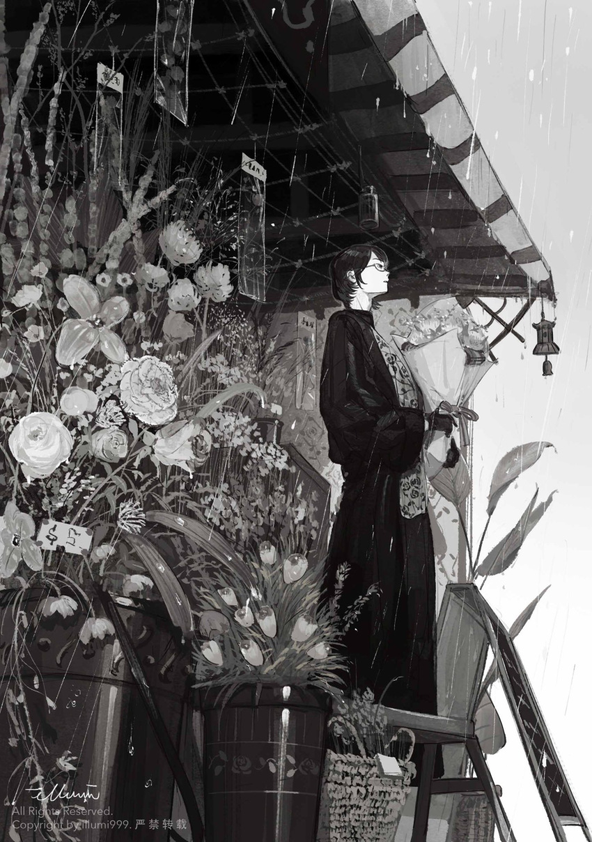 1boy artist_name black_hair bouquet flower glasses gloves grey_background greyscale highres holding holding_bouquet illumi999 leaf looking_up monochrome monochrome_background open_mouth original plant rain short_hair signature simple_background solo standing traditional_clothes vase water_drop