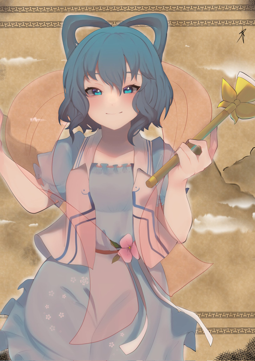 1girl bangs blue_dress blue_eyes blue_hair blush breasts brown_background closed_mouth cowboy_shot dress eyebrows_behind_hair flower flower_request hagoromo hair_between_eyes hair_ornament hair_rings hair_stick hands_up highres holding holding_stick kaku_seiga looking_at_viewer majime_joe medium_breasts pink_flower puffy_short_sleeves puffy_sleeves shawl short_hair short_sleeves simple_background smile solo stick touhou vest white_vest