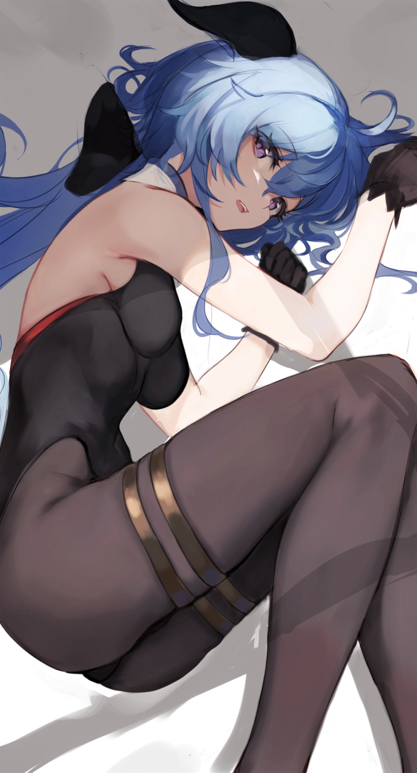 1girl absurdres ass bare_arms bare_shoulders black_gloves black_leotard blue_hair bow breasts brown_legwear ganyu_(genshin_impact) genshin_impact gloves goat_horns hair_bow highleg highleg_leotard highres horns leotard long_hair looking_at_viewer lumo_1121 lying medium_breasts on_side open_mouth pantyhose solo thighlet violet_eyes