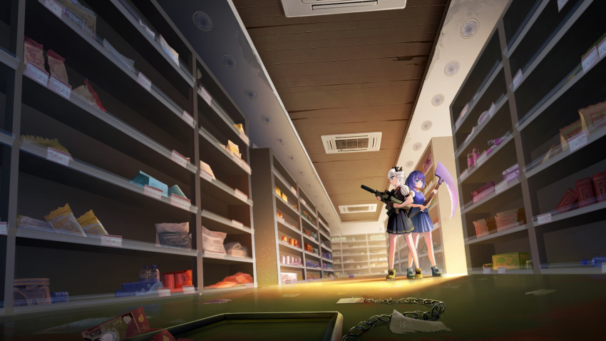 2girls benghuai_xueyuan black_skirt bronya_zaychik ceiling drill_hair floor grey_eyes grey_footwear grey_hair gun highres holding holding_gun holding_weapon honkai_(series) honkai_impact_3rd indoors looking_to_the_side messy multiple_girls polo_shirt purple_hair purple_skirt rifle school_uniform scythe seele_vollerei seele_vollerei_(stygian_nymph) shirt shoes shop short_hair short_sleeves skirt sneakers standing twin_drills vest violet_eyes weapon wh_(user_zrmr8753) white_shirt yellow_footwear