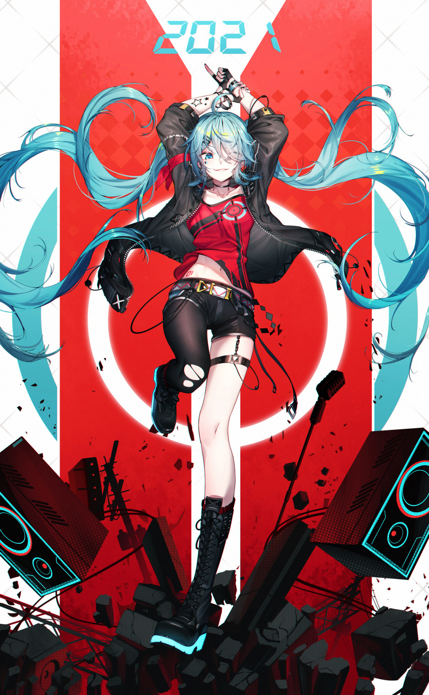 1girl 2021 absurdres ahoge alternate_costume aqua_eyes aqua_hair arm_tattoo arms_up asymmetrical_footwear barcode barcode_tattoo belt boots choker collarbone debris full_body hair_ornament hair_over_one_eye hatsune_miku highres holding_own_arm index_finger_raised jacket long_hair long_sleeves microphone mismatched_footwear nail_polish navel open_clothes open_jacket qys3 red_shirt revision shirt shoes short_shorts shorts single_leg_pantyhose smile smirk solo speaker star_tattoo tattoo torn_clothes torn_legwear twintails very_long_hair vocaloid