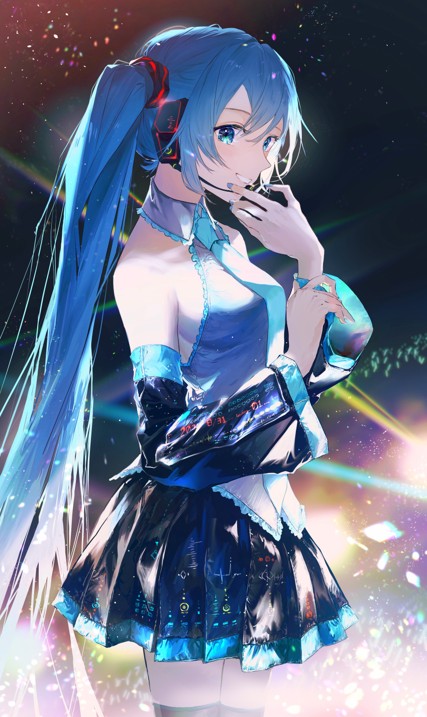 1girl absurdres aqua_eyes aqua_hair aqua_necktie aqua_neckwear bare_shoulders black_sleeves blue_nail_polish blue_nails collared_shirt detached_sleeves facing_to_the_side female hatsune_miku headset highres karanagare_4 lens_flare long_hair looking_at_viewer nail_polish necktie parted_lips pleated_skirt skirt sleeveless sleeveless_shirt smile solo sparkle standing very_long_hair vocaloid