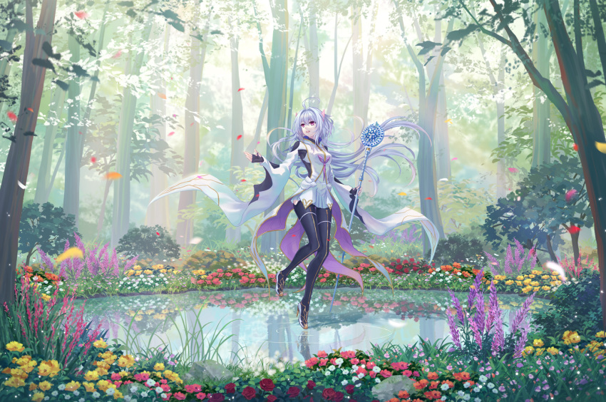 1girl ahoge black_gloves black_legwear breasts commentary_request dress elsa_(g557744) fate/grand_order fate_(series) fingerless_gloves flower forest gloves high_heels holding holding_staff long_hair medium_breasts merlin_(fate/prototype) nature open_mouth pantyhose petals pointy_ears pond short_dress solo staff standing standing_on_liquid tree very_long_hair violet_eyes white_dress white_footwear white_hair