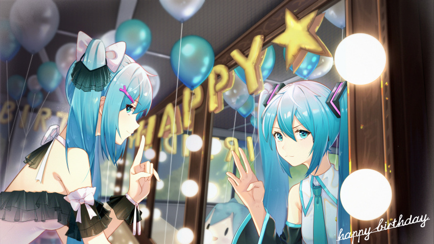 1girl :3 absurdres aqua_eyes aqua_neckwear balloon bangs bare_shoulders blue_hair bow breasts character_doll choker collared_shirt commentary_request detached_sleeves different_reflection eyebrows_visible_through_hair frills from_side hair_bow hair_ornament hairclip happy_birthday hatsune_miku highres index_finger_raised indoors long_hair long_sleeves looking_at_viewer looking_to_the_side mirror necktie pink_bow profile reflection see-through shirt short_hair small_breasts star_(symbol) twintails v-shaped_eyebrows very_long_hair vocaloid white_choker white_shirt wrist_cuffs zuiai_gongzhu_dianxia
