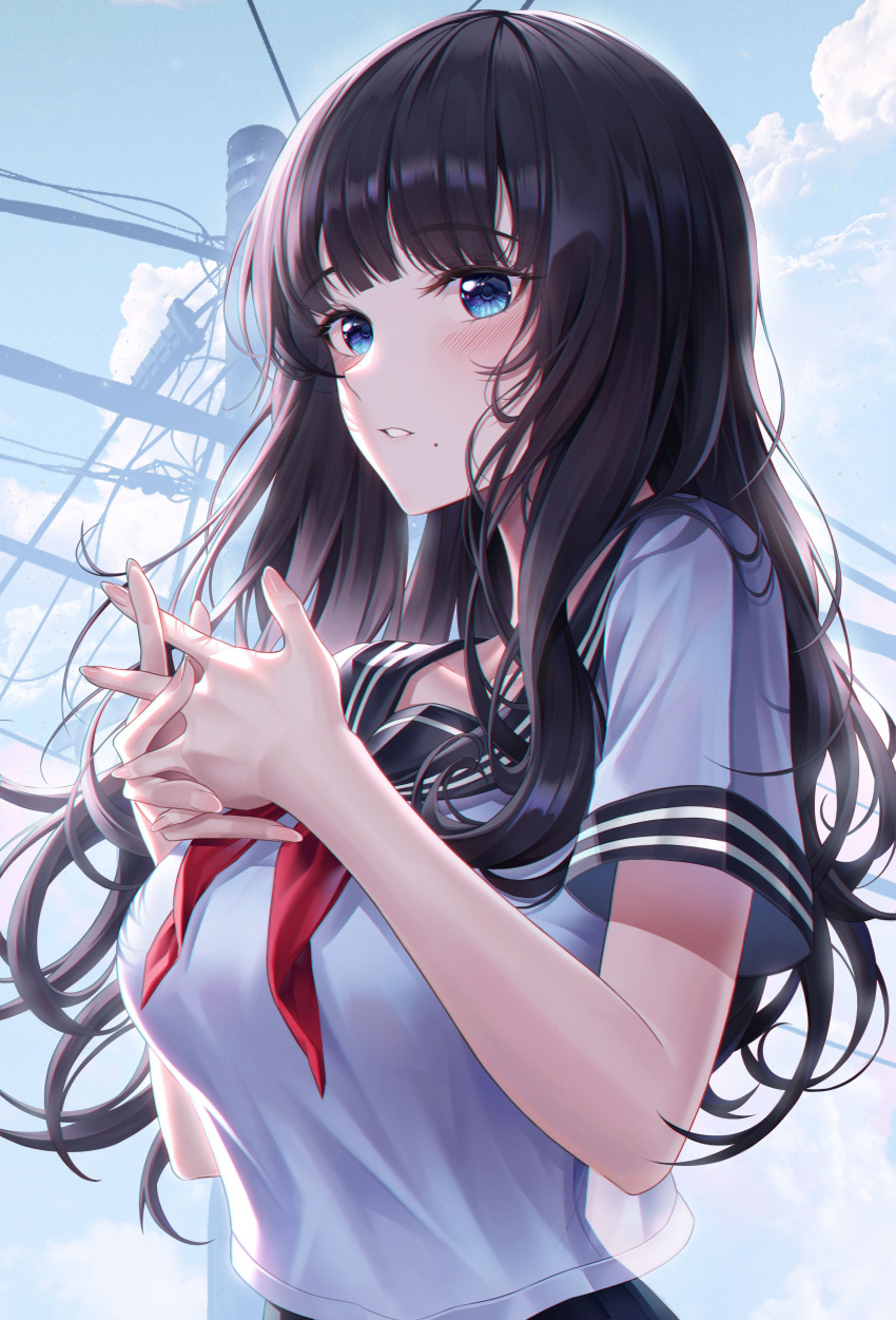 1girl absurdres bangs black_hair blue_eyes blunt_bangs blush breasts clouds eyebrows_visible_through_hair fingers_together hands_together highres long_hair looking_at_viewer mole mole_under_mouth myless original parted_lips power_lines sailor_collar school_uniform serafuku shiny shiny_hair shirt short_hair sky solo upper_body utility_pole wavy_hair white_shirt