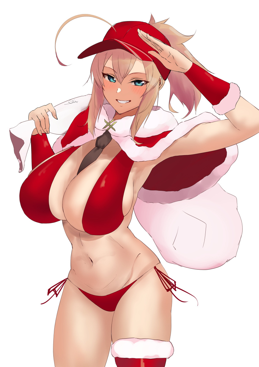 1girl absurdres artoria_pendragon_(fate) aya_roushi bag between_breasts bikini blonde_hair blue_eyes breasts cape christmas fate/grand_order fate_(series) grin hat highres huge_breasts mysterious_heroine_xx_(fate) navel necktie necktie_between_breasts ponytail red_bikini red_legwear sack salute santa_bikini santa_costume seductive_smile side-tie_bikini single_thighhigh smile solo swimsuit thick_thighs thigh-highs thighs