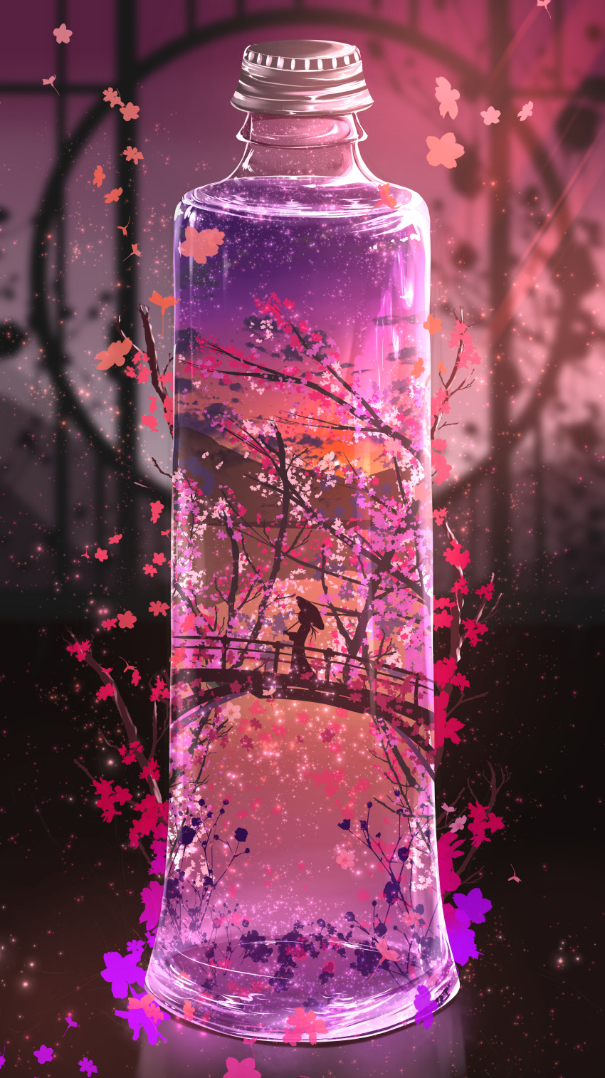 1girl abisswalker8 absurdres bottle branch cherry_blossoms dark_room floor herbarium highres huge_filesize in_bottle in_container jar mountain original reflection scenery silhouette sky solo umbrella vial water