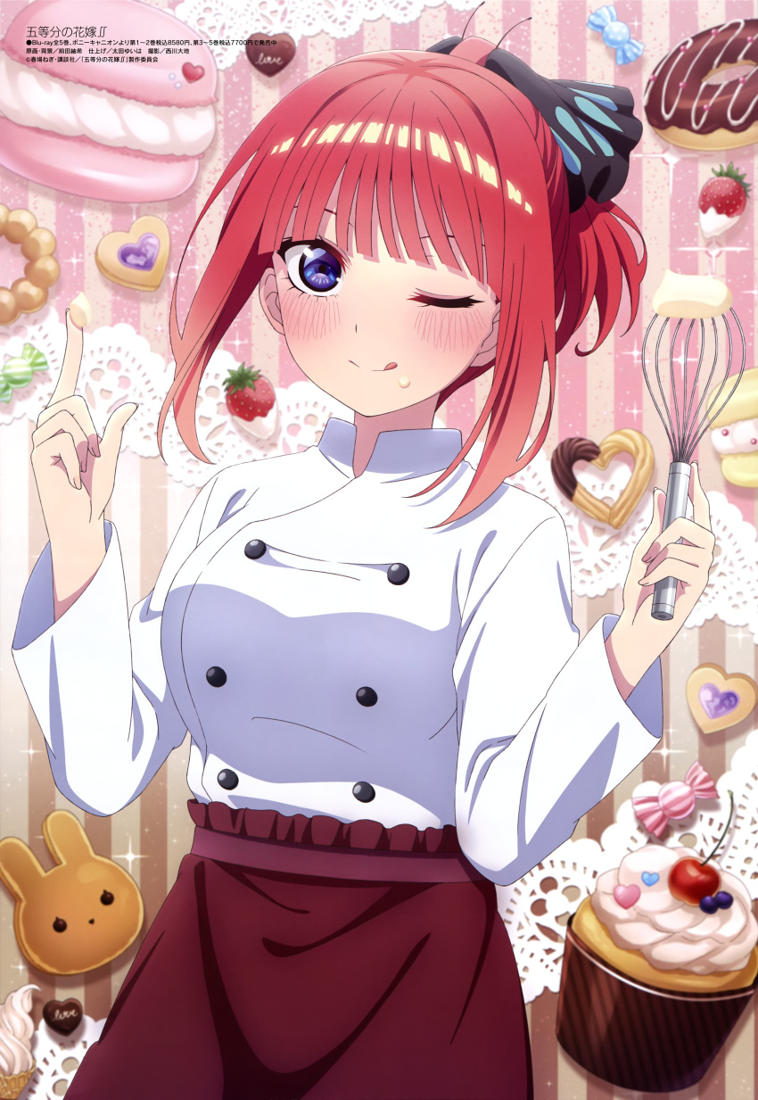 1girl absurdres breasts butterfly_hair_ornament candy candy_wrapper chef_uniform chocolate chocolate_heart cupcake doughnut fingernails food go-toubun_no_hanayome hair_ornament hair_ribbon hair_up heart highres icing large_breasts licking_lips long_sleeves macaron magazine_scan megami_magazine messy nail_polish nakano_nino official_art ponytail ribbon scan shiny shiny_hair skirt solo tongue tongue_out whisk