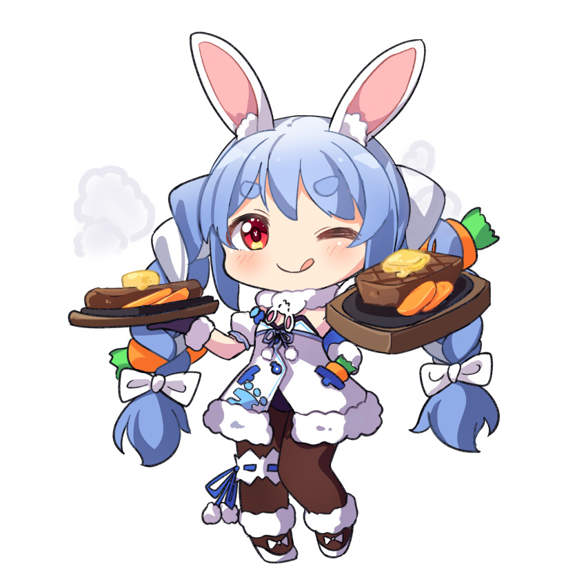 1girl ;q ame. animal_ear_fluff animal_ears bangs black_gloves black_leotard blue_hair bow braid brown_legwear bunny-shaped_pupils carrot_hair_ornament closed_mouth commentary_request detached_sleeves don-chan_(usada_pekora) dress eyebrows_visible_through_hair food food-themed_hair_ornament full_body fur-trimmed_dress fur-trimmed_gloves fur_trim gloves hair_bow hair_ornament highres holding hololive leotard long_hair multicolored_hair one_eye_closed pantyhose puffy_short_sleeves puffy_sleeves rabbit_ears shoes short_eyebrows short_sleeves simple_background smile smoke standing strapless strapless_dress strapless_leotard thick_eyebrows tongue tongue_out twin_braids twintails two-tone_hair usada_pekora very_long_hair white_background white_bow white_dress white_footwear white_hair white_sleeves