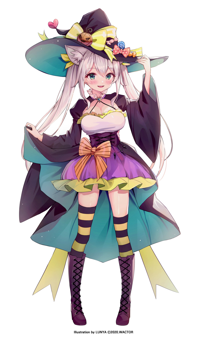 1girl absurdres alternate_hairstyle animal_ears boots bubble_skirt cat_ears green_eyes grey_hair hat highres hizuki_miu long_coat long_hair luna_nyann skirt smile solo striped striped_legwear thigh-highs twintails virtual_youtuber wactor_production white_hair witch witch_hat