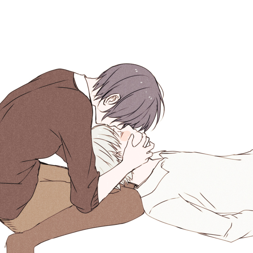 1boy 1girl bangs brown_legwear brown_skirt brown_sweater closed_eyes commentary_request forehead_kiss from_side grey_hair hair_over_eyes hands_on_another's_face hetero highres kaneki_ken kirishima_touka kiss long_sleeves lying on_back on_lap pale_skin shiny shiny_hair shirt short_hair simple_background sitting skirt sweater tokyo_ghoul tokyo_ghoul:re toukaairab white_background