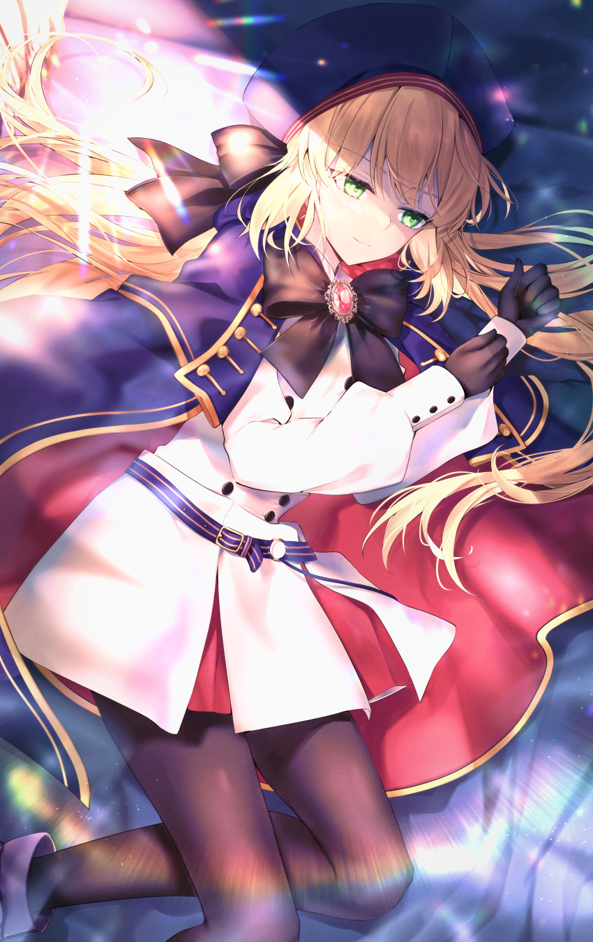 1girl absurdres artoria_pendragon_(caster)_(fate) artoria_pendragon_(fate) bangs belt beret black_gloves black_legwear blonde_hair blue_cape blue_headwear blush breasts buttons cape double-breasted dress fate/grand_order fate_(series) gloves green_eyes hane_yuki hat highres hood hooded_cape huge_filesize long_hair long_sleeves looking_at_viewer multicolored multicolored_cape multicolored_clothes pantyhose red_cape revision small_breasts thighs twintails white_dress