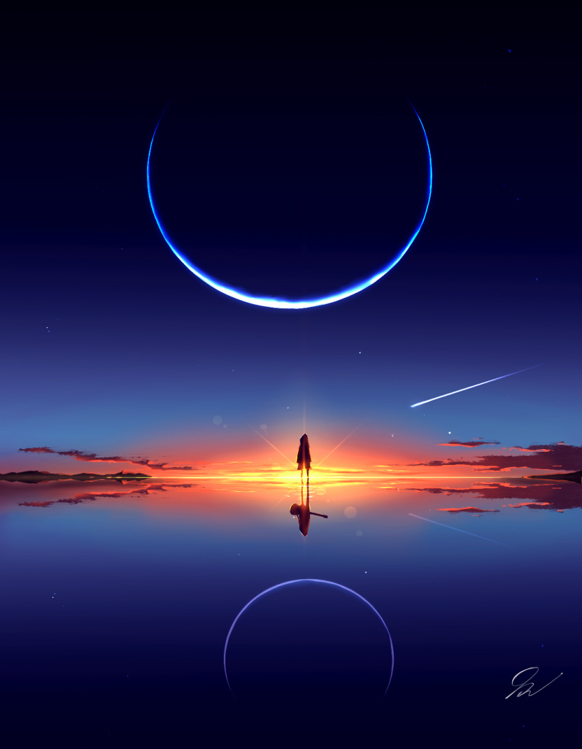 1girl clouds comet crescent_moon gradient highres lens_flare moon original reflection scenery signature sky solo standing star_(sky) sunset water water_world zahidmeh