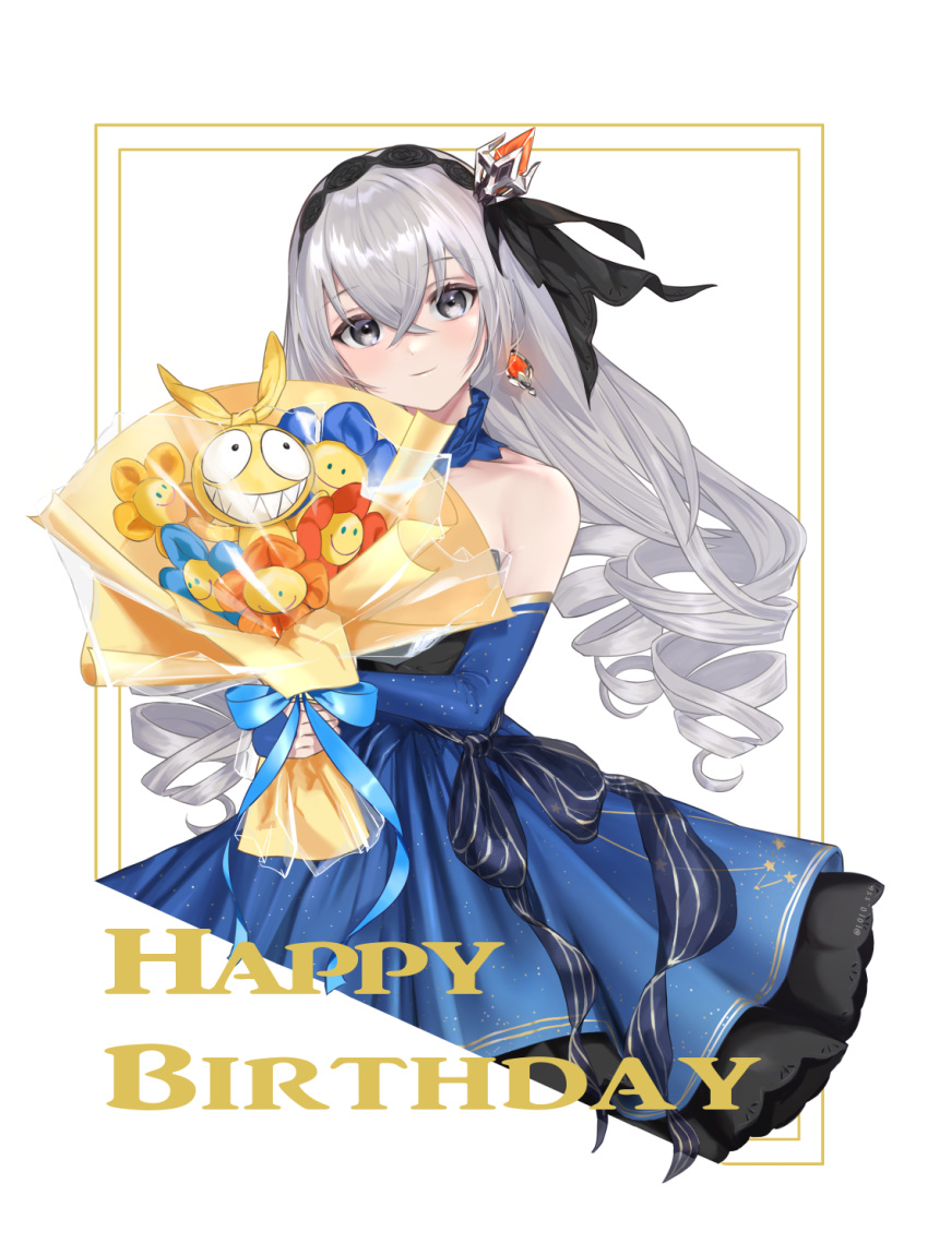 1girl arin_(1010_ssu) bangs bare_shoulders blue_dress blue_sleeves border bouquet bronya_zaychik closed_mouth doll dress earrings flower grey_eyes grey_hair hair_between_eyes hair_ornament happy_birthday highres holding holding_bouquet homu_(honkai_impact) honkai_(series) honkai_impact_3rd jewelry long_hair looking_at_viewer simple_background smile solo white_background