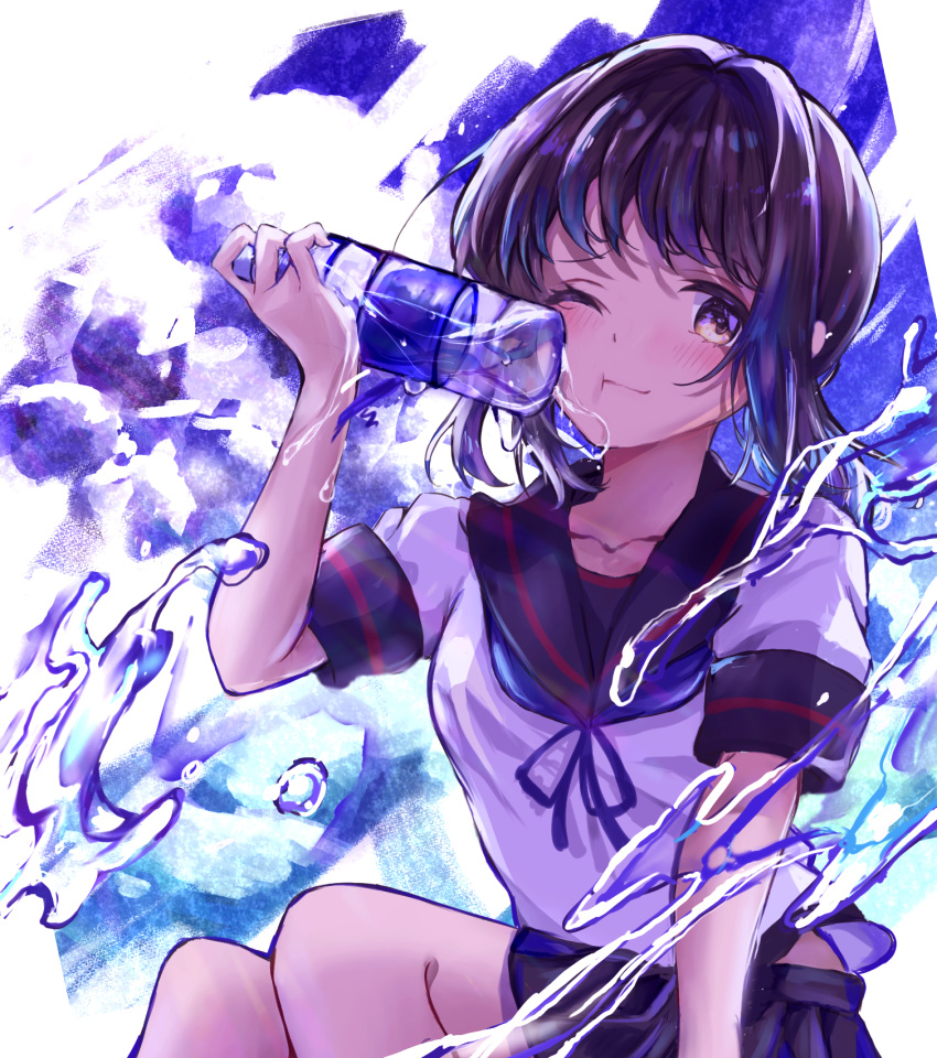 1girl arm_up black_hair black_sailor_collar black_skirt blue_background blue_neckwear blue_ribbon blush bottle brown_eyes closed_mouth collarbone commentary_request drink eyebrows_visible_through_hair fubuki_(kancolle) hair_intakes highres holding holding_bottle kantai_collection looking_at_viewer neck_ribbon one_eye_closed pleated_skirt remodel_(kantai_collection) ribbon sailor_collar school_uniform serafuku short_hair short_ponytail short_sleeves sitting skirt solo water water_bottle womisoba