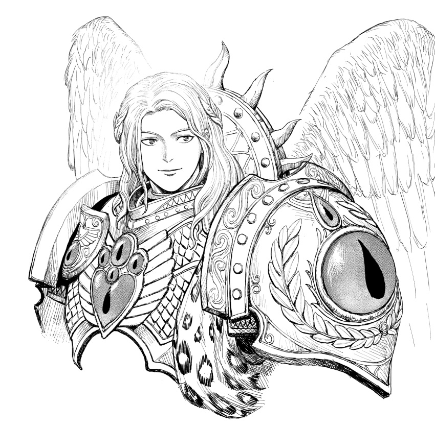 1boy angel angel_wings armor breastplate closed_mouth commentary english_commentary greyscale highres laurel_crown long_hair looking_at_viewer male_focus monochrome pauldrons primarch sanguinius shoulder_armor simple_background smile solo upper_body warhammer_40k white_background wings y_naf