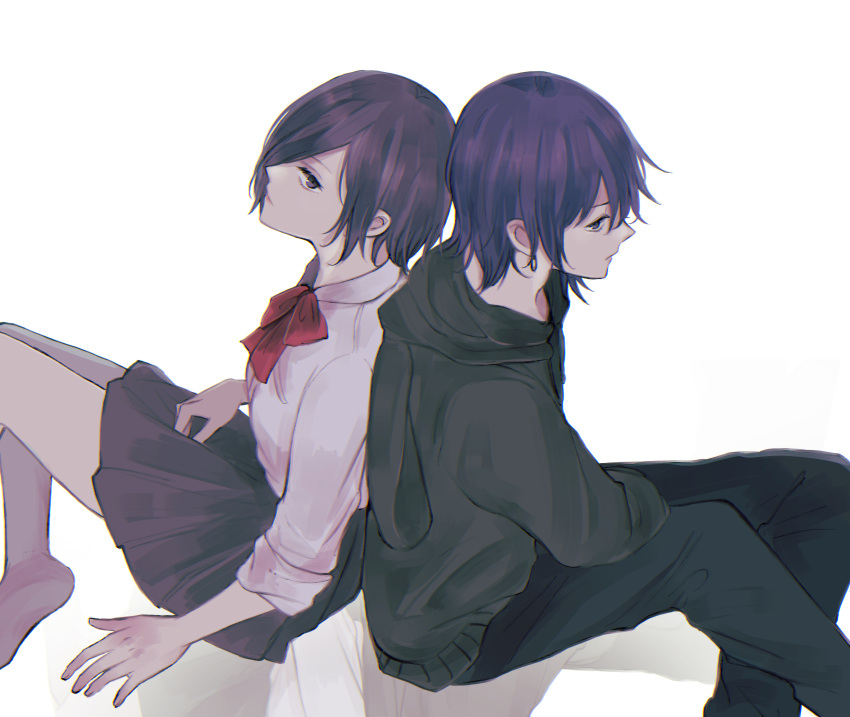 1boy 1girl absurdres bangs black_hair black_pants black_skirt blue_hair bow collared_shirt commentary_request earrings feet_out_of_frame foot_out_of_frame from_above from_side green_sweater grey_background grey_shirt hair_over_one_eye highres hood hood_down jewelry kirishima_ayato kirishima_touka looking_at_viewer pants pleated_skirt red_bow red_neckwear school_uniform shirt short_hair simple_background sitting skirt sweater tokyo_ghoul toukaairab
