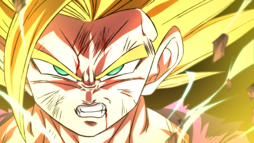 1boy angry aura battle_damage blonde_hair blood blood_from_mouth blood_on_face clenched_teeth dougi dragon_ball dragon_ball_z electricity green_eyes looking_at_viewer male_focus rom_(20) solo son_gohan spiky_hair super_saiyan super_saiyan_2 teeth torn_clothes upper_body
