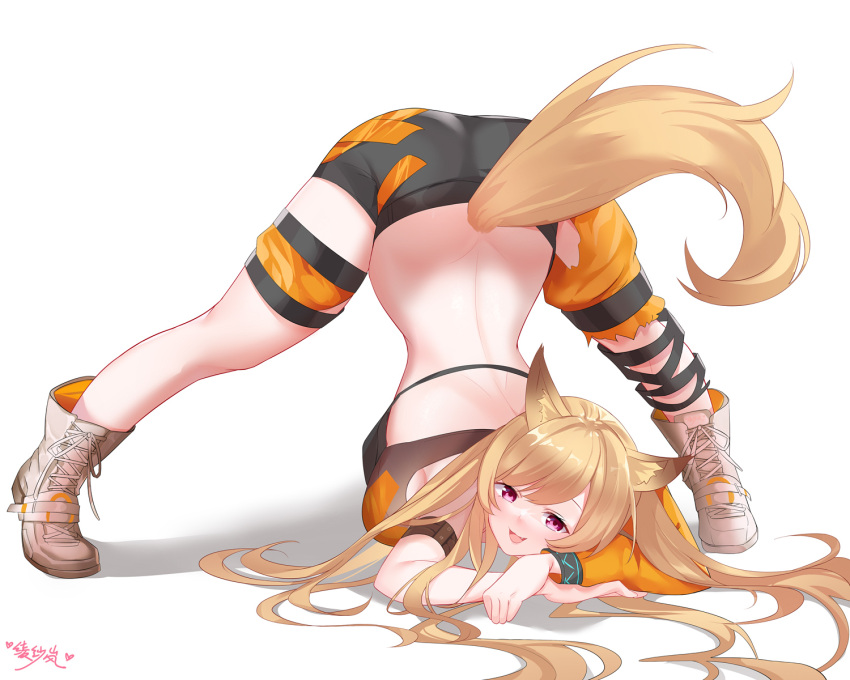 1girl :d animal_ears arknights arm_strap arm_support ass asymmetrical_clothes back backless_outfit bangs bare_shoulders blonde_hair blush boots breasts ceobe_(arknights) ceobe_(summer_flowers)_(arknights) dog_ears dog_tail fang full_body highres infection_monitor_(arknights) jack-o'_challenge knee_boots large_breasts lingshalan long_hair long_sleeves looking_at_viewer official_alternate_costume open_mouth sideboob simple_background single_pantsleg smile solo swept_bangs tail violet_eyes white_background white_footwear