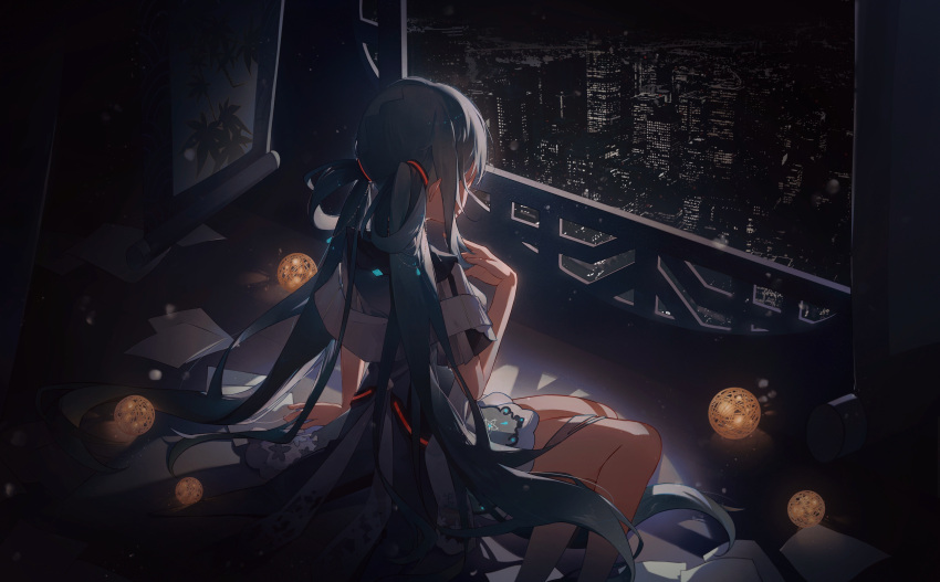 1girl absurdres amari aqua_hair building city city_lights cityscape dark dress facing_away hatsune_miku highres long_hair night paper playing_with_own_hair scenery sitting skyscraper solo very_long_hair vocaloid