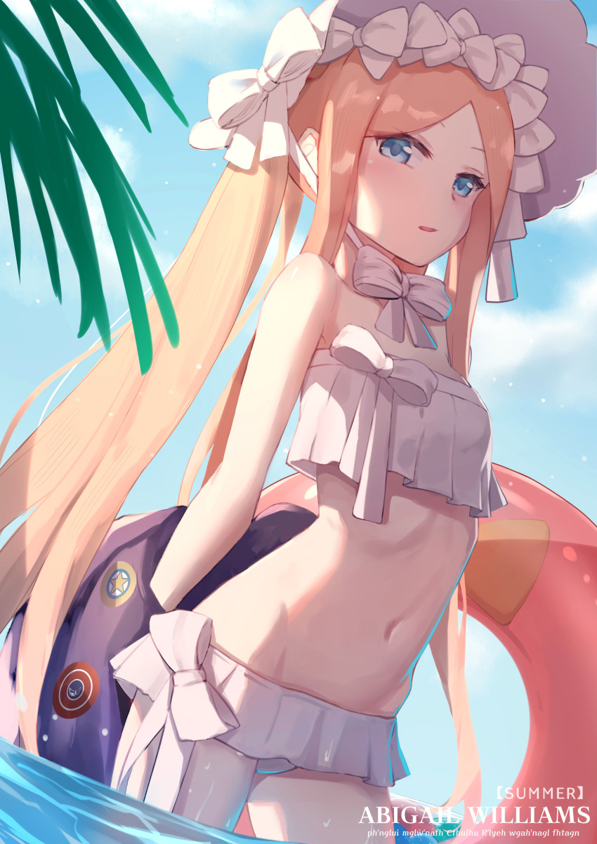 1girl abigail_williams_(swimsuit_foreigner)_(fate) absurdres bangs bare_shoulders bikini black_jacket blonde_hair blue_eyes bonnet bow breasts character_name commentary_request day eyebrows_behind_hair fate/grand_order fate_(series) forehead hair_bow highres innertube jacket koi0806 long_hair looking_at_viewer navel outdoors parted_bangs parted_lips small_breasts solo star_(symbol) swimsuit twintails very_long_hair wading water white_bikini white_bow white_headwear