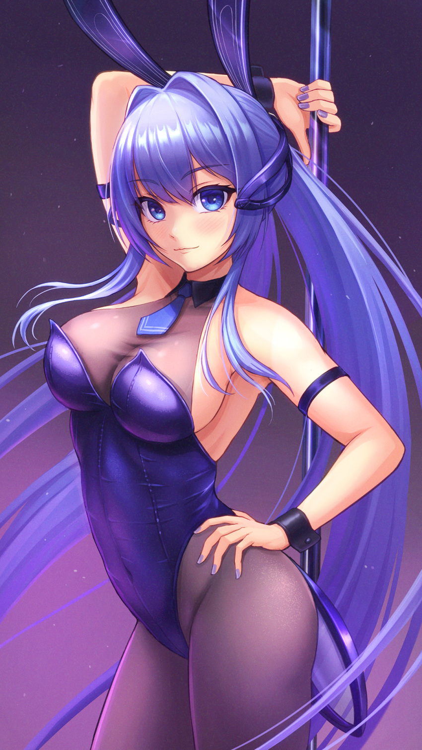 1girl animal_ears arm_strap arm_up azur_lane black_legwear blue_eyes blue_hair blue_leotard blue_neckwear blush breasts closed_mouth commentary covered_navel cowboy_shot detached_collar eyebrows_visible_through_hair fake_animal_ears floating_hair gradient gradient_background hair_between_eyes hair_intakes hand_on_hip headgear highres itsuki_kunihiro large_breasts leotard lips long_hair looking_at_viewer nail_polish necktie new_jersey_(azur_lane) new_jersey_(exhilarating_steps!)_(azur_lane) official_alternate_costume pantyhose playboy_bunny purple_background purple_nails rabbit_ears short_necktie sideboob simple_background skin_tight sleeveless smile solo stripper_pole wing_collar wrist_cuffs